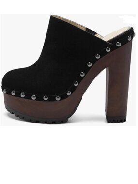 XYD Black Lug Platform Super High Heels Clog Mules Studded Round Toe Sandals